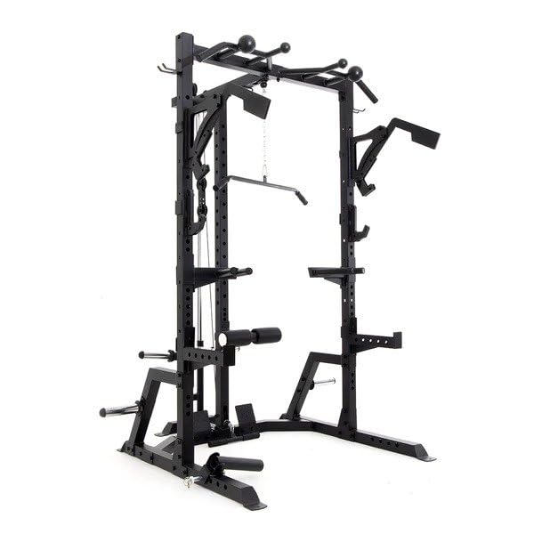 SMAI Half Power Rack with Plate Loaded Lateral Pull Down/Rower Weight Storage Rack Training Attachments Squat Rack for Home Gym Equipment Angled Grip Safety Spotter Arms