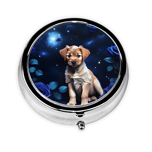 Puppy Blue Rose Metal Iron Electroplating, Round Pill Box, 2.0x2.0x0.7 inches, with 3 Plastic compartments