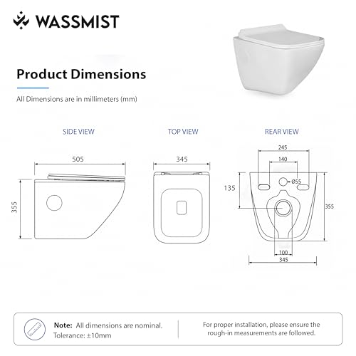 Image of WASSMIST Wall Hung Western Toilet | Rimless Wash Down Ceramic Commode | Modern Space Saving Bathroom WC | Premium Sanitary Ware (White)