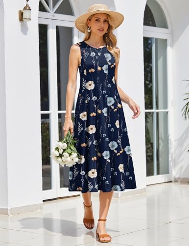 Image of HOTOUCH Summer Casual Dresses for Women Sleeveless Midi Dress Swing Tank Sundress Pleated Tshirt Dress with Pockets