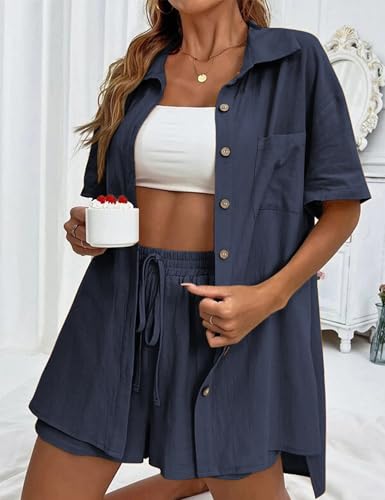 Image of APAFES Women Summer Cotton Linen Short Sets 2 Piece Shorts Top Lounge Beach Vacation Two Piece Outfits Tracksuits