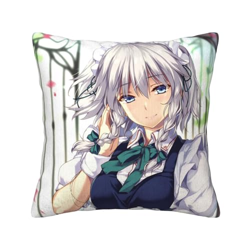 東方 十六夜咲夜 クッションカバー 座布団カバー 抱き枕カバー 枕カバー 正方形 両面印刷 コーデュロイ 柔らかい 通気性 毛玉になりにくい 隠しファスナー式 アニメ 家の装飾 寝室の装飾 春 夏 秋 冬 Pillow Included 18"x18"