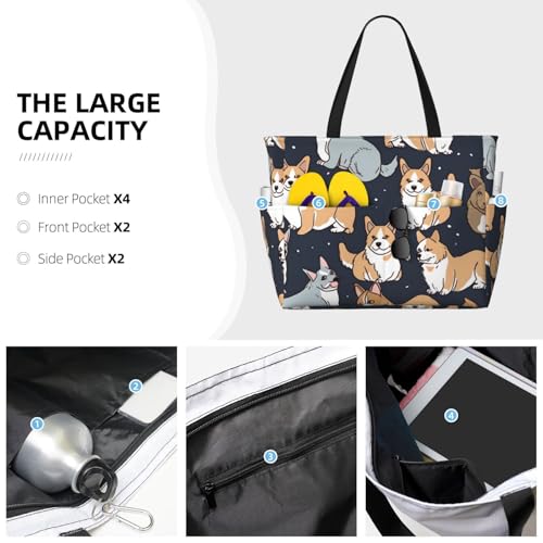 (Corgi Pattern) Large Beach Tote Bag for Women Waterproof Sandproof Travel Shoulder Bag with Pocket for Pool Vacation Weekend Gym3
