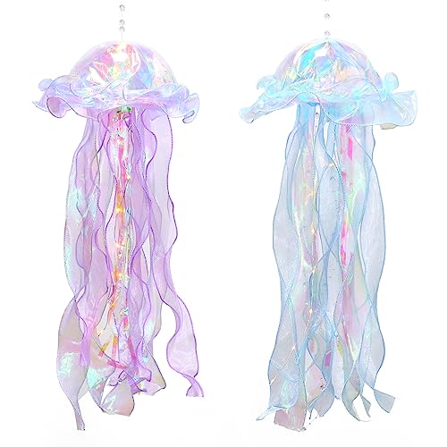 Image of Glitter Iridescent Jellyfish Hanging Decor Blue Purple Jellyfish Kit for Under The Sea Little Mermaid Party Decoration Hanging Jelly Fish Decor Ocean Birthday Wedding Bridal Baby Shower Pa