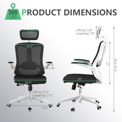 Image of Office Chair (07White-Black, Chair) | 360 Swivel Adjustable Lumbar Support & Flip-Up Armrests capacity 300 lbs capacity