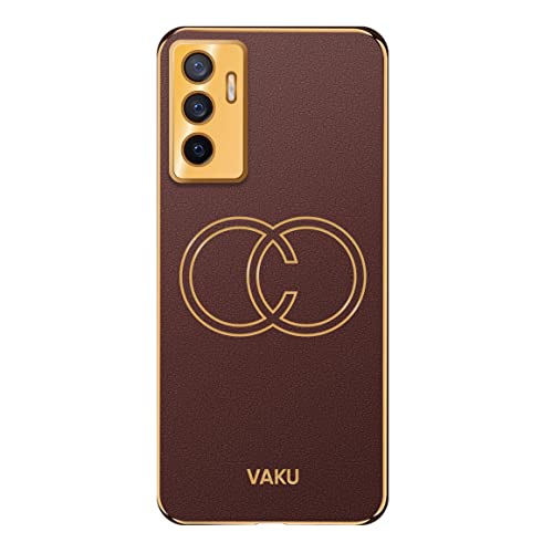 Image of Vaku Luxos Skylar Back Cover Case for Vivo V23e 5G with Leather Pattern Design Gold Electroplated Soft TPU Cover| Shockproof Protective Case - Brown