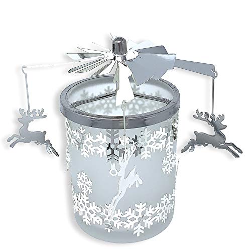 Frosted Glass Reindeer Spinning Candle Holder - Reindeer Charms with Snowflake Designs Spin Around When Candle is Burning