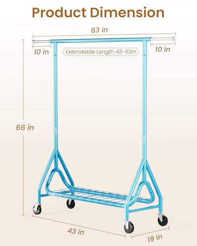 Image of Heavy Duty Clothing Rack, Metal Clothes Rack Load 450 LBS, Rolling Coat Racks for Hanging Clothes with Lockable Wheels, Wardrobe Closet Garment Racks for Bedroom, Sky Blue