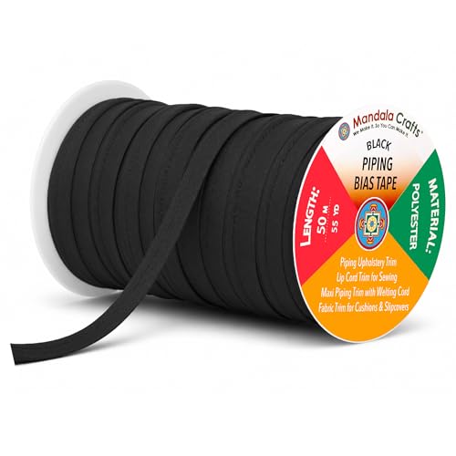 Mandala Crafts Black Maxi Piping Bias Tape with Welting Cord - 1/2 Inch Upholstery Piping Trim for Sewing, Cushions, Slipcovers, and DIY Decor - 55 Yards Lip Cord Trim