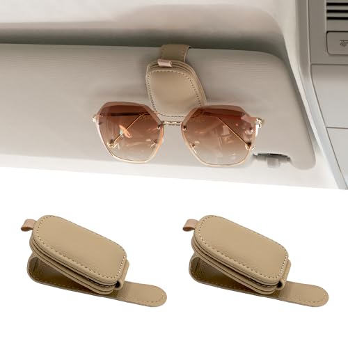 Image of Yuoyar 2 Packs Sunglasses Holders for Car Visor - Magnetic Leather Sunglasses Holder and Ticket Card Clip - Car Visor Accessories (Beige)