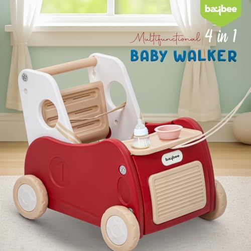 Image of Baybee 4-in-1 Push Walker & Shopping Cart for Baby with Ride-On Mode, Pulling Mode, Toy Storage & Removable Food Tray | Multifunctional Baby Walker for 6+ Months (Red)