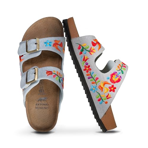 ANTONIO MORENO Women Sandals (Denim)- Fashion Ladies Sandals with Cork Footbed, Handcrafted Slides for Woman with Flexible EVA Sole, Open-toe Women Slides - 2 Straps with Adjustable Buckle