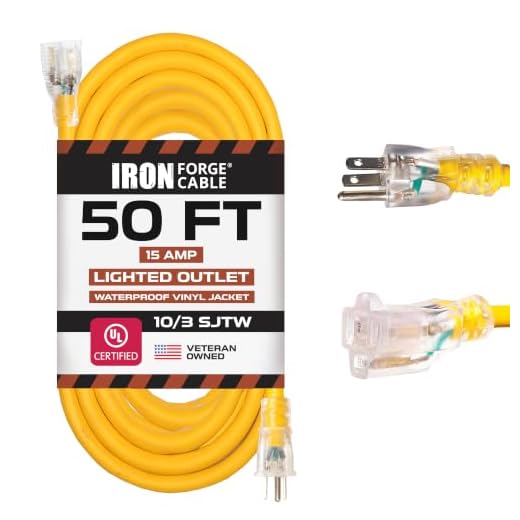 IRON FORGE CABLE Outdoor Extension Cord 50 Ft - 10 Gauge Extension Cord 15 AMP, 10/3 Heavy Duty Extension Cable SJTW Weatherproof Yellow Power Extension Cord with 3 Prong Lighted End - 125 V 1875 Watt