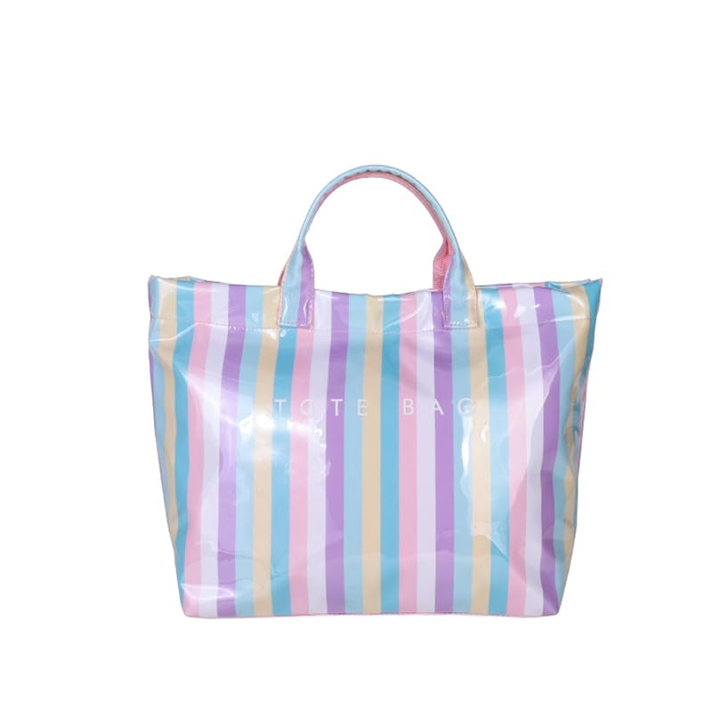 Image of Lushandy Striped PVC Tote Bag for Women, Checkered Plastic Tote Bag for Beach Pool Large Plaid Letters Print Hobo Handbag