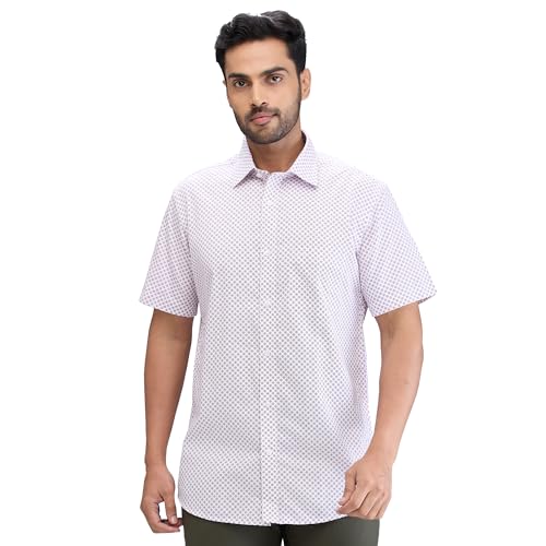 Image of Colorplus Men's Regular Fit Print Pattern Pure Cotton Plain Collar Half Sleeve Casual Shirt