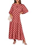 ANRABESS Womens Boho Maxi Dresses 2025 Summer V Neck Puff Sleeve Floral Flowy Swing Casual Long Dress Pink Medium