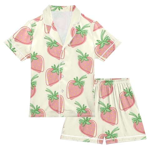 Strawberry Cute Pink Cartoon Pattern Summer Satin Pajama Set, Cute Button-Down Sleepwear Pj Set for Sleep Wears