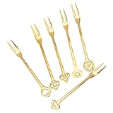 Veemoon 6 Stück Obstspieße aus Edelstahl Goldfarbene Obstgabeln mit Zweizinkigem Design Wiederverwendbar für Party Bar und Hotel