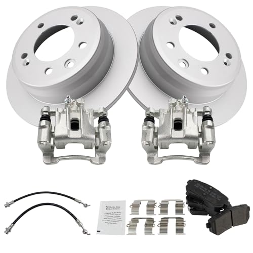 Image of TRQ Rear Brake Pad and Rotor Set Semi Metallic Coated Rotors Calipers Hoses Compatible with 2010-2015 Hyundai Tucson 2011-2016 Kia Sportage