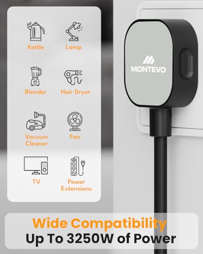مونتيفو سلك تمديد طاقة بطول 10 أمتار، سلك تمديد كهربائي عالمي بطول 10 متر، مقبس واحد باتجاه واحد، سلك قابس بقدرة 13 أمبير/ 250 فولت/ 3250 واط للاستخدام المنزلي والمكتبي (10 متر)