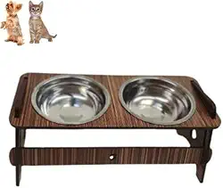 Comedouro Duplo Pet Bebedouro Cachorro Gato Elevado 2 Pote Inox Madeira