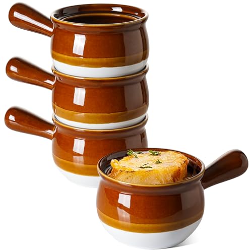 Comparison: Best French Onion Soup Crocks 8 LE TAUCI French Onion Soup Bowls, 22 Ounces Ceramic Soup Bowls with Handles for Soup, Cereal, Chilli, Beef Stew, Soup Crocks Oven Safe and Stackable, Set of 4