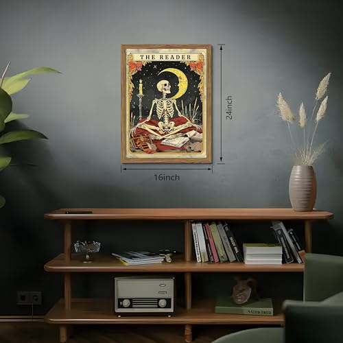 Image of Framed The Reader Tarot Canvas Wall Art, Skeleton Reader Tarot Card Pictures Wall Decor, Bookish Witchy Library Poster Print Artwork for Witchy Reading Nook Book Lover Gift 16x24 inch