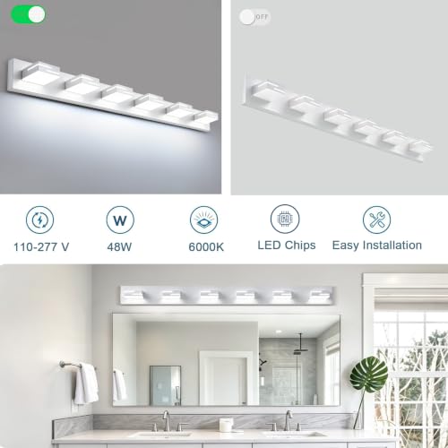 Image of LED Modern Bathroom Vanity Light Fixtures, Dimmable White Vanity Lights for Bathroom Lighting Fixtures Over Mirror, with 360 Rotatable Acrylic Heads 6-Light 42-inch (Cool White 6000K)