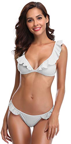 SHEKINI Costume da Bagno Donna Sexy V Profonda Bikini Imbottito Swimsuit Halter Brasiliano Cute Beachwear Ruffles Flounce Regolabile Costumi da Bagno Due Pezzi Mare e Piscina（Large, Bianco）
