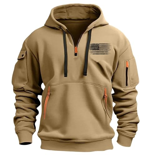 FOCLMP Khaki Hoodies for Men Quarter Zip Fleece Lined Work Tactical Cargo Sweatshirts Jacket Loose Fit Workout Pullover Hoodie Mens Hoodies Zip Up 2XL