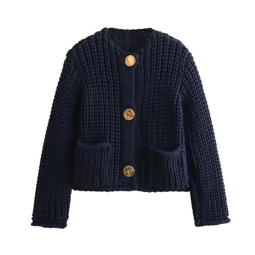 Image of Chevara Women's Cropped Knit Cardigan Long Sleeve Crewneck Button Down Fall Sweater with Pockets