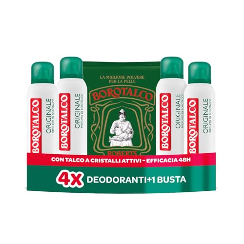 Borotalco, Deodorante Spray Originale, con Talco a Cristalli Attivi, Tripla Protezione Asciutta, Senza Alcool, Profumo di Borotalco, 48h efficacia - 4 Pezzi da 150 ml - Esclusiva Amazon