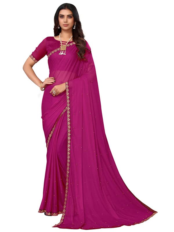 Image of SIRIL Women's Lace & Peral Work Lycra Saree with Unstitched Blouse Piece(2739S253 Hot Pink)