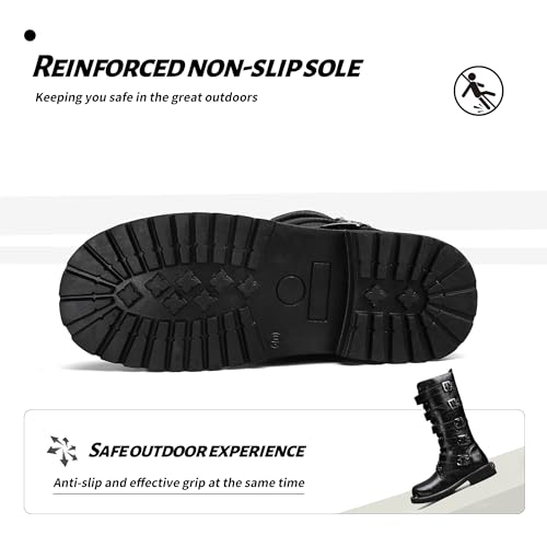 Mens Black Cool Style Eye Catching Buckle Closure High Top Leather Motorcycle Boots Waterproof Non Slip Wear Resistant Durable Stitching Shoes Body Lightweight And Soft Shoes4