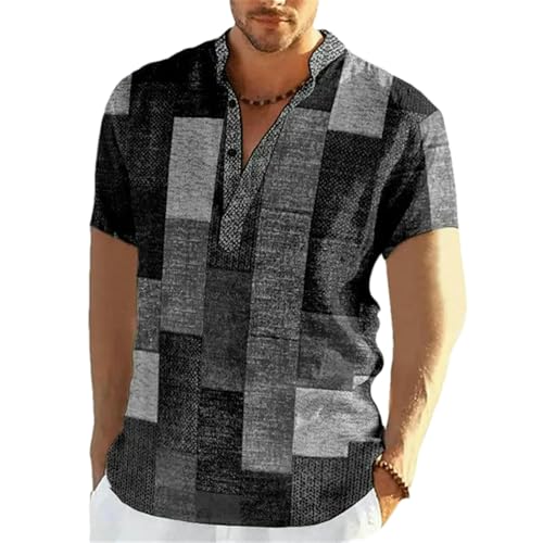 Men's Vintage Patchwork Color Block 3D Print Henley Shirts Man Stand Collar Short Sleeve T Shirt Male Tees Tops2