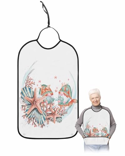 LEOKOTI Summer Coastal Adult Bibs for Eating, Waterproof Bibs with Food Catcher & Adjustable Snap Closure, Seaside Beach Nautical Starfish Gnomes Washable Clothing Protectors Adult Bibs for Elderly
