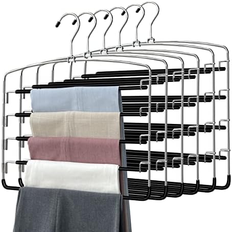 Pants Hangers 6 Pieces, Swing Arm Trousers Hanger, Space Saving Pants Rack, 5 Layers Jeans Hangers with Non-Slip, Multiple Pants Hanger Closet Organizer for Trousers Scarves Ties