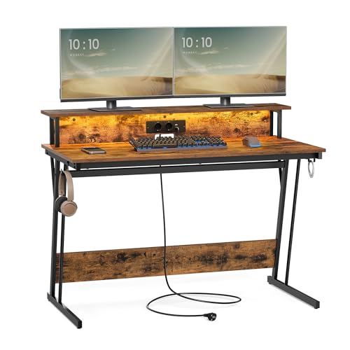 VASAGLE Schreibtisch, Gaming Tisch mit eingebauter Steckdosenleiste, Computertisch, mit Monitorständer für 2 Monitore, Schlafzimmer, 60 x 120 x 76 cm, vintagebraun LWD192K01