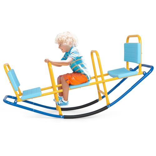 COSTWAY Balancín Oscilante de Metal para 3 o 2 Personas, Subibaja con Empuñaduras, Balancín para Interior y Exterior (Azul)