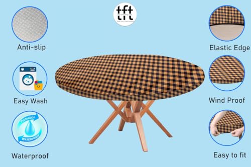 Image of The Furnishing Tree Round Elastic Fitted Dining Table Cover WxL 40x40 Inches Checkered Pattern Brown