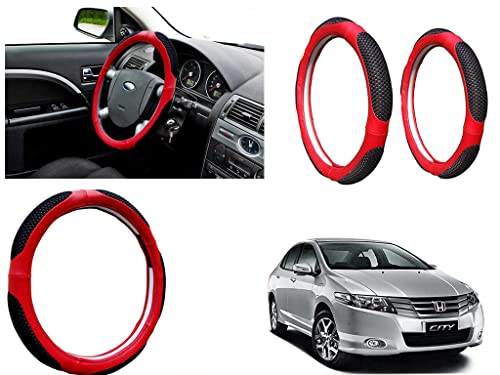 Image of Microfiber Car Steering Wheel Cover, Soft Padding Great Hand Feel, Anti-Slip, Faux Leather Steering Cover for Honda City | Black Red Jali - Pack of 1