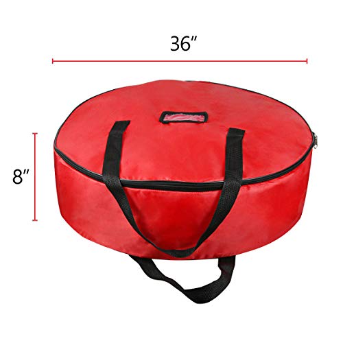 TQS 36" Christmas Wreath Storage Bag - Xmas Large Wreath Container - Reinforced Wide Handle and Double Sleek Zipper - Heavy Duty Protect Your Party Decorations Garland - Red
