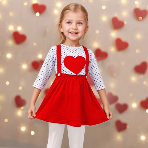 Image of Girls Valentine's Day Dress Outfit, Long Sleeve Dot Heart Shirt Top and Red Suspender Strap Skirts Set (Red, M)