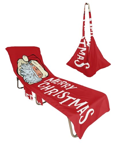 Red Santa Christmas Beach Lounge Chair Towel Cover, Soft Chaise Lounge Towel with Side Pockets Patio Pool Chairs Cover for Beach/Pool Sunbathing 29x85 Xmas Red Merry Christmas