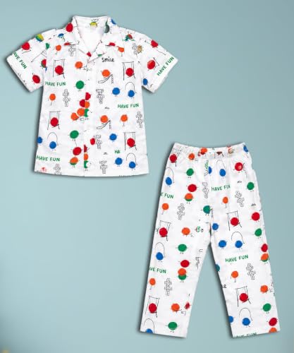 Image of 3BROS Unisex Pure Cotton Short Sleeve Kids Night Dress for Boys & Girls Nightwear /Sleepsuit /Sleepwear /Loungewear Night Suit for Boys and Girls Top and Pyjama Combo Set
