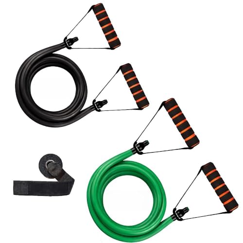 Image of Wellesa Resistance Tube with Foam Handles, Door Anchor (Red, Green, Blue and Black, Pack of 4) (Wellesa Resistance Tube with Foam Handles, Door Anchor (Black and Green, Pack of 2))