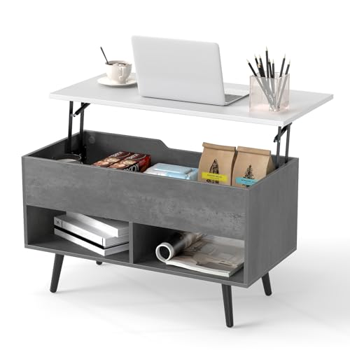 LIFEZEAL Tavolino Salotto Sollevabile, Tavolino Basso da Caffè, Soggiorno, Moderno, Salvaspazio, con Piano Elevabile, Gambe in Legno Massello, Contenitore, 2 Scomparti, 80x40x44,5-58cm (grigio)