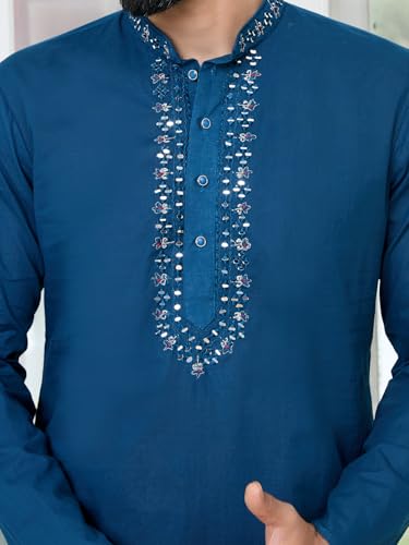 Image of See Designs Men's Full Sleeve Mandarin Collar Ethnic Motifs Embroidered Sequinned Mandarin Collar Straight Long Kurta with Pyjama - Festive Collection