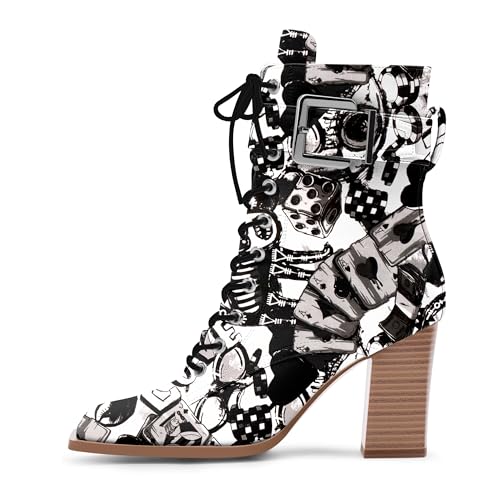 Women's Sexy Block High Heel Ankle Boots Square Toe Lace Up Buckle Strap Dress Booties4