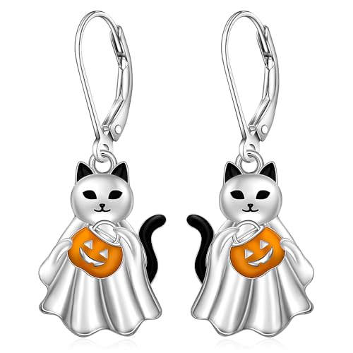 Boucles d'oreilles chat fantôme argent sterling pendentifs d'Halloween
